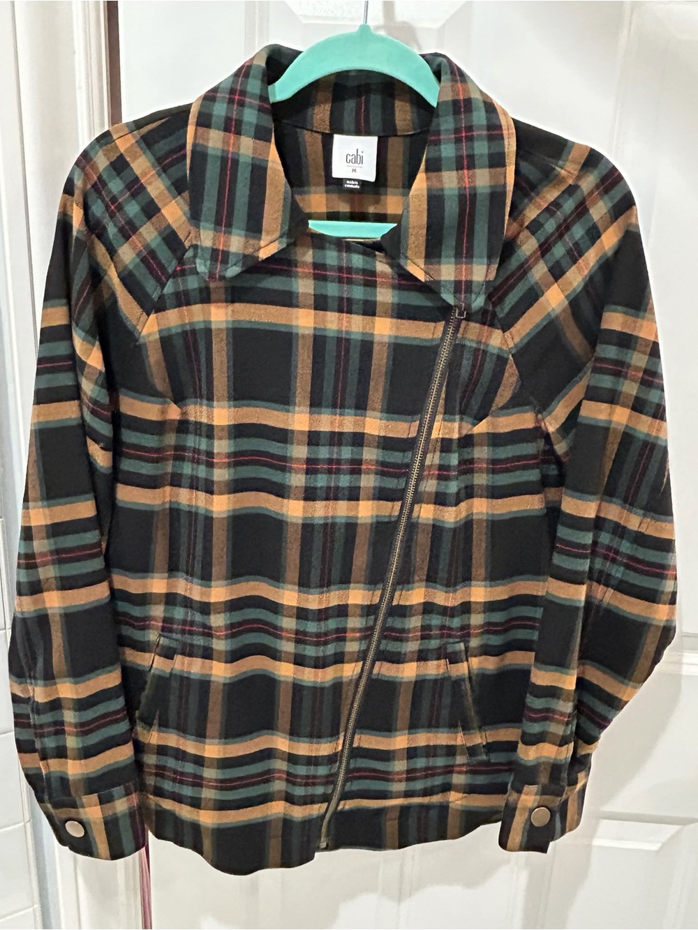 CAbi Moto Plaid Zip-Front Jacket in Black, Green, Gold Fall Brass Buttons M - Picture 2 of 13